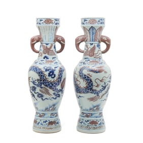 Pair of Chinese Glazed Red and Blue Dragon Vases