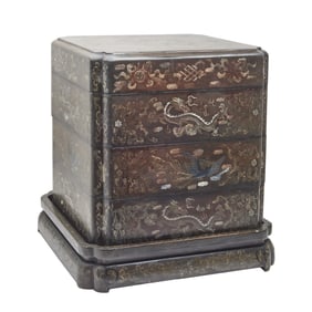 Chinese Four Section Wooden Inlaid Storage Box on Base