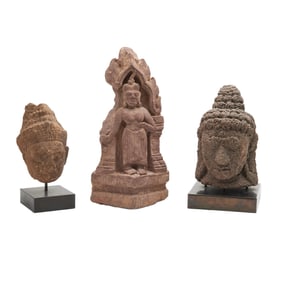 Cambodian Stone Busts of Buddha Heads and Statue