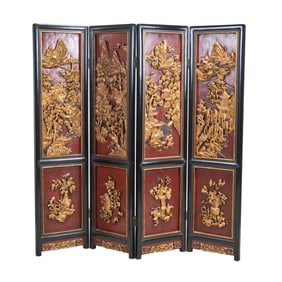 Chinese Four Panel Black Lacquer Screen