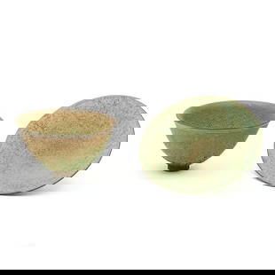 Two James Lovera Studio Pottery Lava Glaze Bowls: Two James Lovera Studio Pottery Lava Glaze Bowls. James Lovera (American, 1920-2015); comprising round bowl with everted rim tapering to narrow round foot, and round bowl with slightly everted rim tap