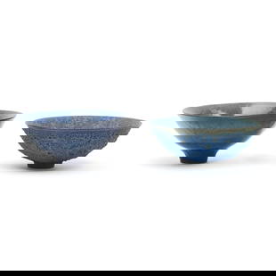 Two James Lovera Studio Pottery Bowls: Two James Lovera Studio Pottery Bowls. James Lovera (American, 1920-2015); comprising blue glazed round bowl with narrow round foot, round pale blue lava glaze bowl with short and narrow round foot. B