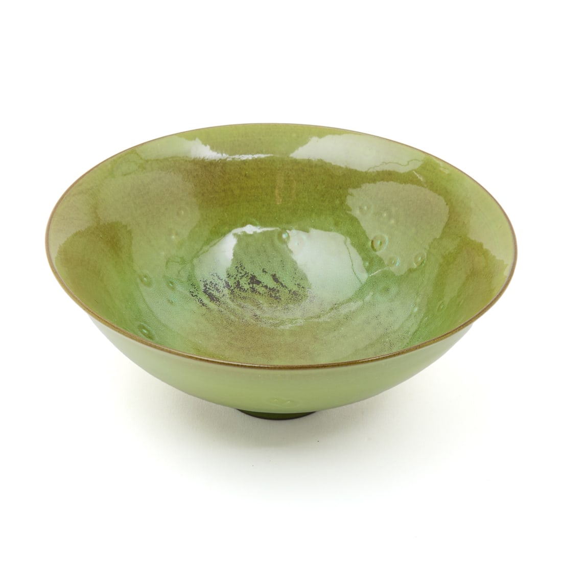 James Lovera Studio Pottery Bowl: James Lovera Studio Pottery Bowl. James Lovera (American, 1920-2015); round bowl with slightly everted rim, on narrow round foot, green glaze accented with blue and brown to the interior. The undersid