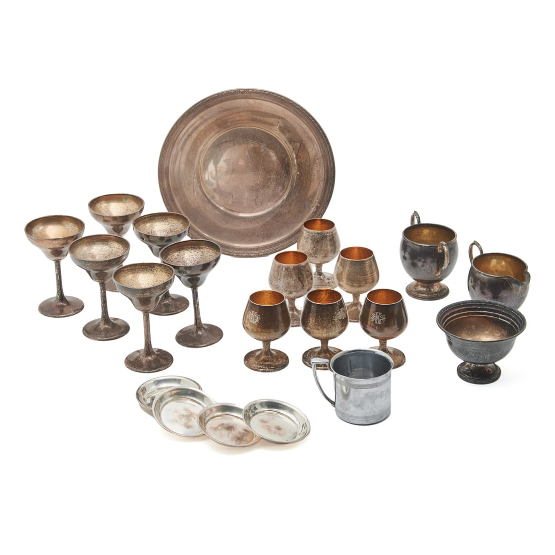 Collection of Sterling Silver Stems and Hollowware: Collection of Sterling Silver Stems and Hollowware Articles. Comprising set of 6 Frank Smith coupes with gilt wash bowls and "ERF" monograms, 6 Currier & Roby snifters with gilt wash bowls and monogra