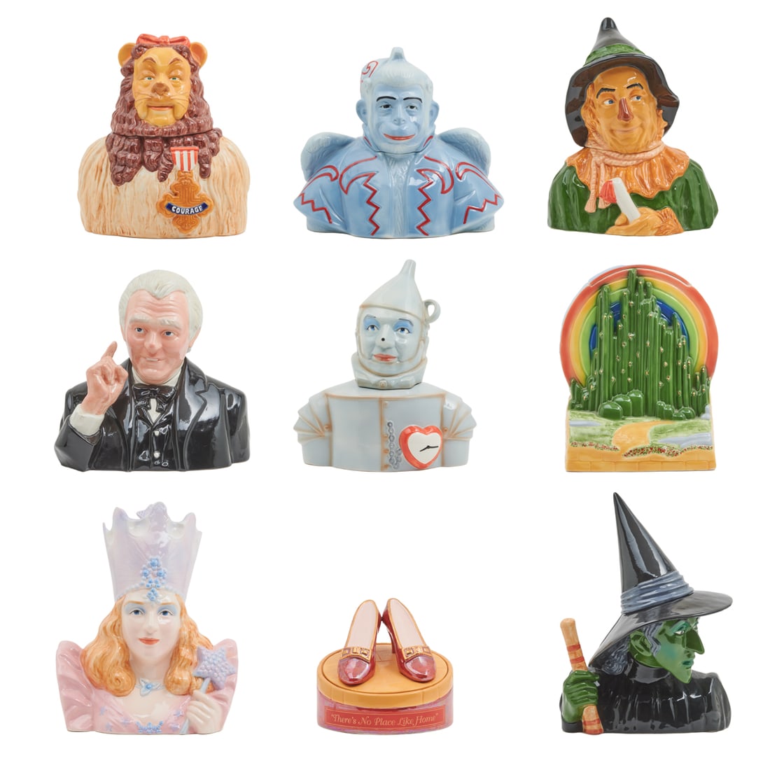 Wizard of Oz Treasure Craft Star Cookie Jar Set: Wizard of Oz Treasure Craft Star Cookie Jar Set. Comprising Wicked Witch, Glinda, Cowardly Lion, Scarecrow, Tin Man, The Wizard, Flying Monkey, Emerald City, Ruby Slippers; also with cover for Toto ja