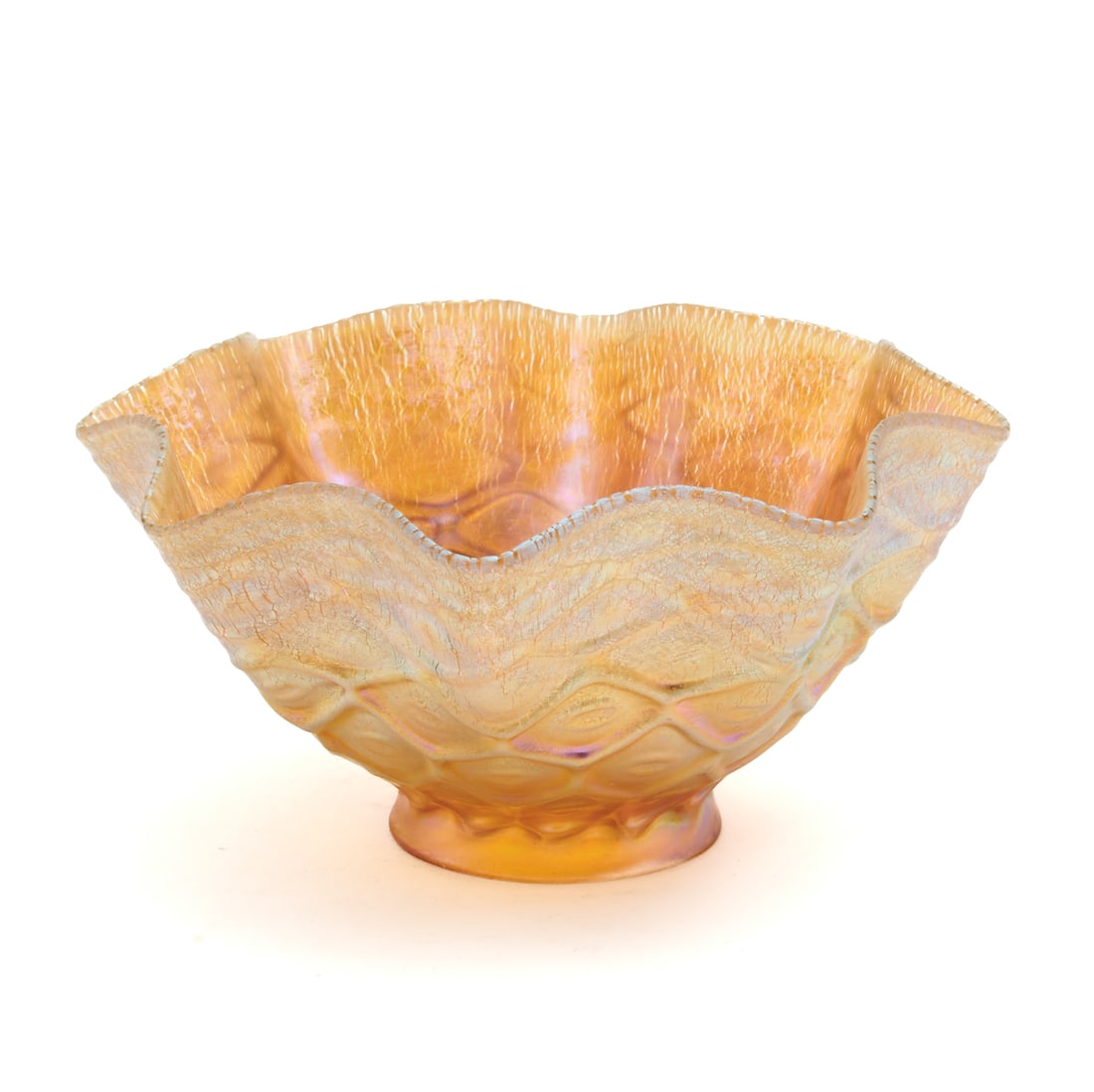 Tiffany Studios Favrile Glass Ruffled Shade: Tiffany Studios Favrile Glass Ruffled Shade. Round ruffled shade with honeycomb-like pattern in relief. Inner rim inscribed with "L.C.T. Favrile". {Approximate dimensions: 3 1/2" high x 7 1/8" diamete
