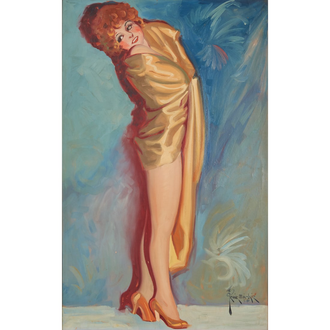 Irving Sinclair, Draped Woman, oil: IRVING SINCLAIR (American, 1895-1969), Draped Woman, oil on board, (approximate dimensions - sight: 42-1/2 x 26-1/2 inches), signed lower right. Condition: Surface dust and dirt, abrasions, paint crac