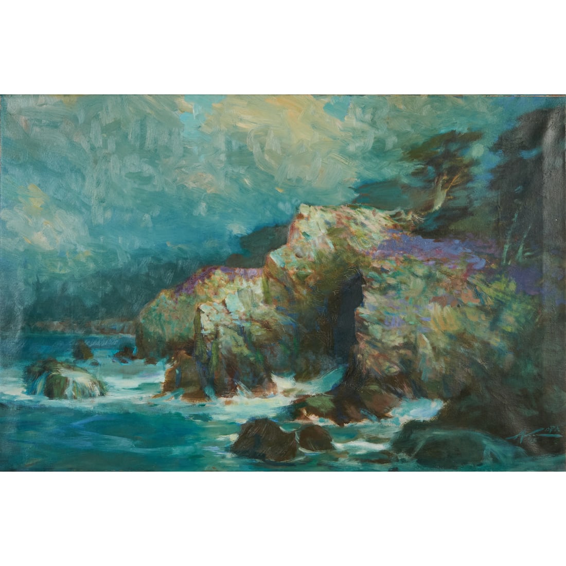 F. Michael Wood, Communion with the Moon, oil: FREDRIC MICHAEL WOOD (American/CA, born 1944), "Communion with the Moon," Monterey Bay, 2015, oil on canvas, (approximate dimensions - canvas: 24 x 36 inches), signed and dated lower right; titled, si