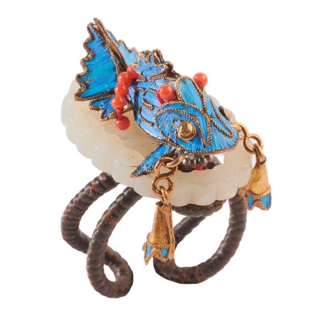 *Antique Chinese Kingfisher Feather, Coral, Jade Ring.: *Antique Chinese Kingfisher Feather, Coral, Jade, Fabric Ring. Designed as a fish, the fish accented throughout with kingfisher feather, further enhanced by coral beads, set atop a carved mutton fat j