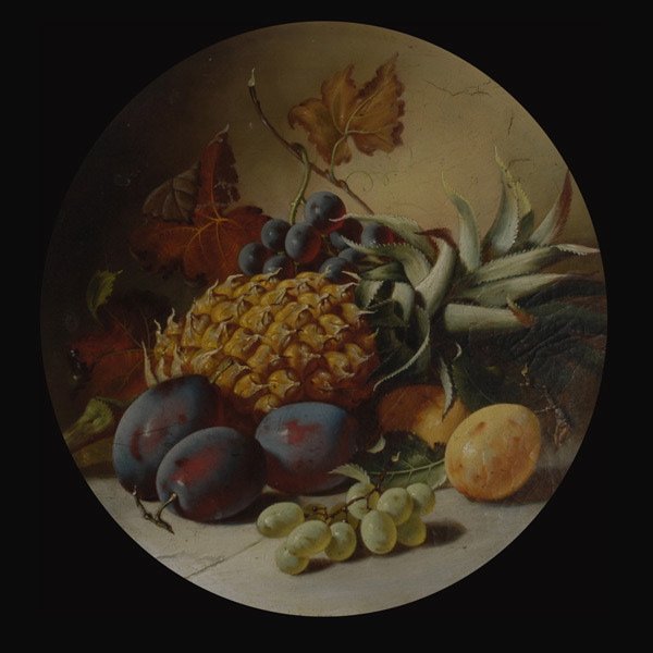 Continental School "Still Life with Fruit" : Continental School (19th Century) "Still Life with Fruit" Oil on canvas laid to board. Sight: 15.5 x 15.5 inches/ 39.5 x 39.5 centimeters. Frame: 24.75 x 24.75 inches/ 63 x 63 centimeters.