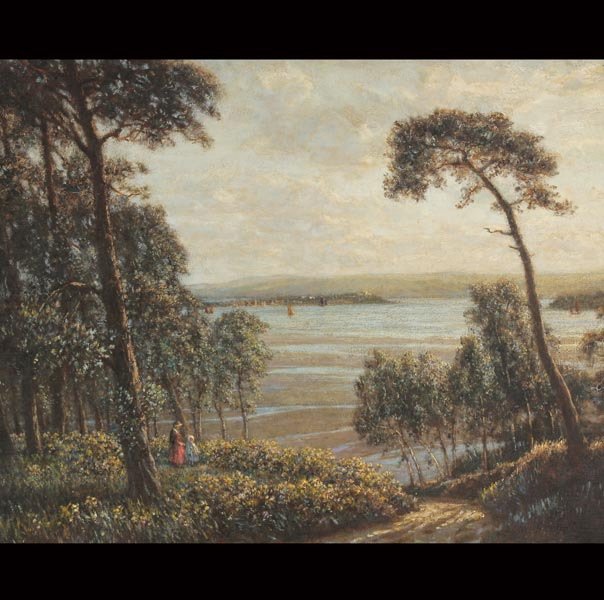 WILLIAM MANNING "Blue Skies & Silver Clouds": WILLIAM WESTLEY MANNING R.A. (British 1868-1954) "Blue Skies, Silver Clouds & Gentle Winds" Oil on canvas. 32 x 40 inches/ 81.2 x 111.6 centimeters. Verso: Titled on stretcher. Frame Plaque "Wesley Ma