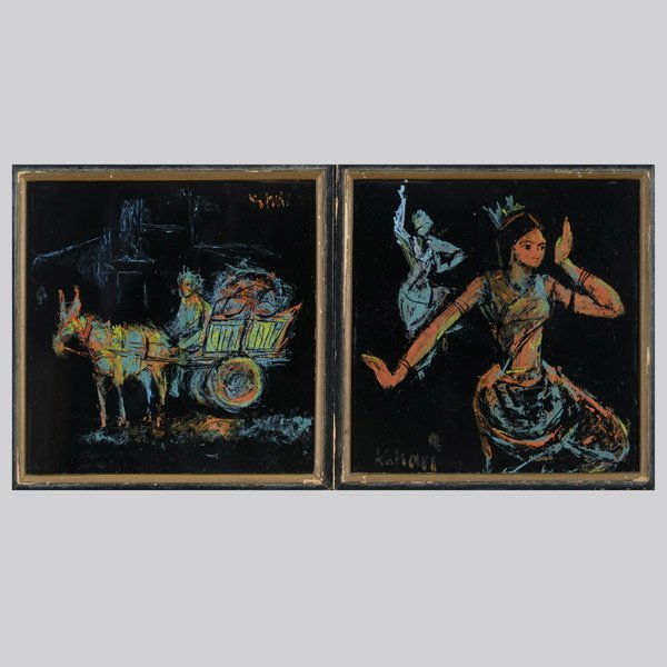 MASOOD KOHARI Two works Enamel on Tile: MASOOD KOHARI (India b.1939) Two works: "Dancing Figures" & "Hay Cart" Enamel glaze on Mettlach tiles. Each: 6 x 6 inches/ 15.3 x 15.3 centimeters "Dancing Figures" signed lower left "Kohari""Hay Cart