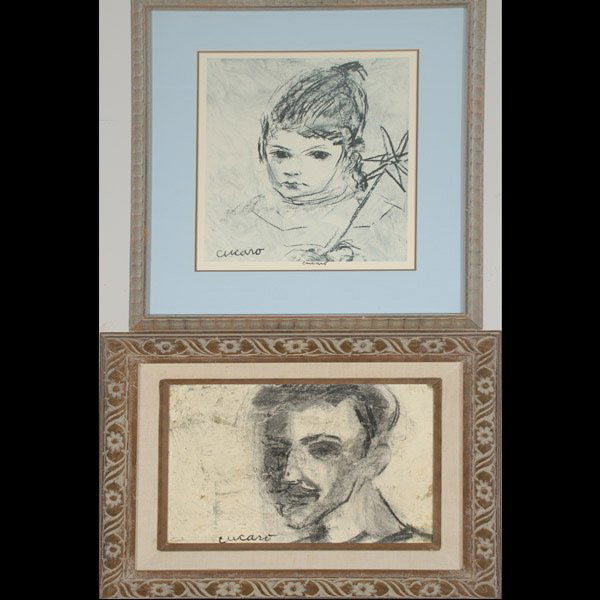 PASCAL CUCARO 2 works "Self Portrait & Angelique": PASCAL CUCARO (American 1915-2004) Two works: "Self Portrait" & "Angelique" Oil on canvas board; Offset lithograph on paper. 12 x 16 inches/ 30.5 x 40.7 centimeters.Plate: 15 x 12 inches/ 38.1 x 30.5