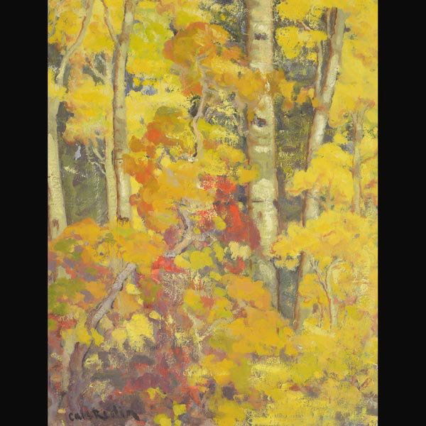 CARL REDIN "Yellow Aspens" Oil: CARL REDIN (American 1892-1944) "Yellow Aspens" Oil on canvas. 15 x 12 inches/ 38 x 30.5 centimeters. Signed lower left "Carl Redin" Frame: 18.5 x 15.5 inches/ 47 x 39.4 centimeters.