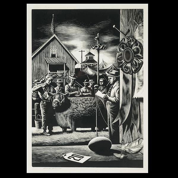 STEVAN DOHANOS "State Fair" Wood engraving.: STEVAN DOHANOS (American 1907-1995) "State Fair" Wood Block, c.1948. Image: 12.75 x 9 inches/ 32.5 x 22.8 centimeters. Signed in pencil lower left "Stevan Dohanos" Frame: 20 x 16 inches/ 50.8 x 40.6 c