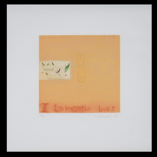 SQUEAK CARNWATH "Bugs, 1997" Colored etching: SQUEAK CARNWATH (American b.1947) "Bugs, 1997" Colored etching on paper. 19 x 18 inches/ 48.2 x 45.7 centimeters. Signed & dated in pencil lower right "S. Carnwath, 1997" Numbered lower left "31/40" I