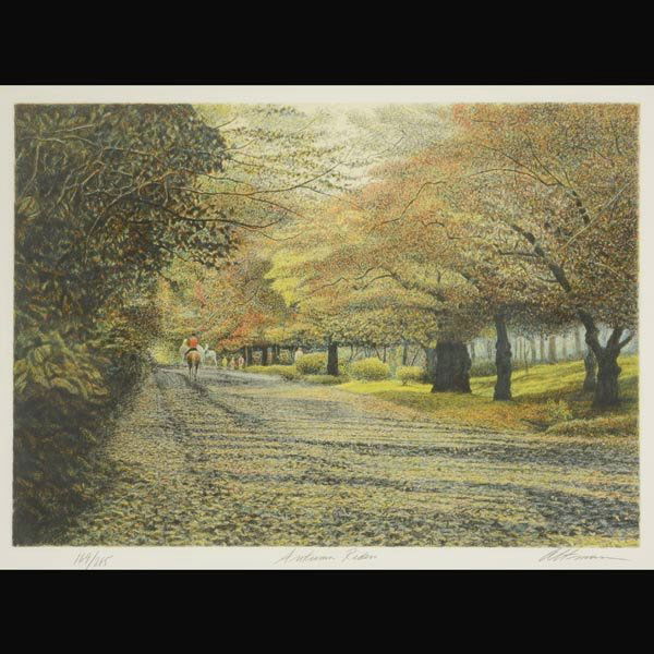 HAROLD ALTMAN "Autumn Riders" Lithograph: HAROLD ALTMAN (American b.1924) "Autumn Riders" Lithograph on paper. Image: 18 x 25.5 inches/ 45.7 x 64 centimeters. Signed in pencil lower right "Altman" Titled lower center "Autumn Riders" Embossed