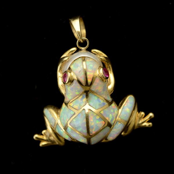 OPAL, SAPPHIRE, 14K YELLOW GOLD FROG PENDANT.: OPAL, SAPPHIRE, 14K YELLOW GOLD FROG PENDANT. Designed as a frog featuring inlaid opals, completed by two round-cut sapphire eyes, set in a 14k yellow gold mounting. 2.5 dwts