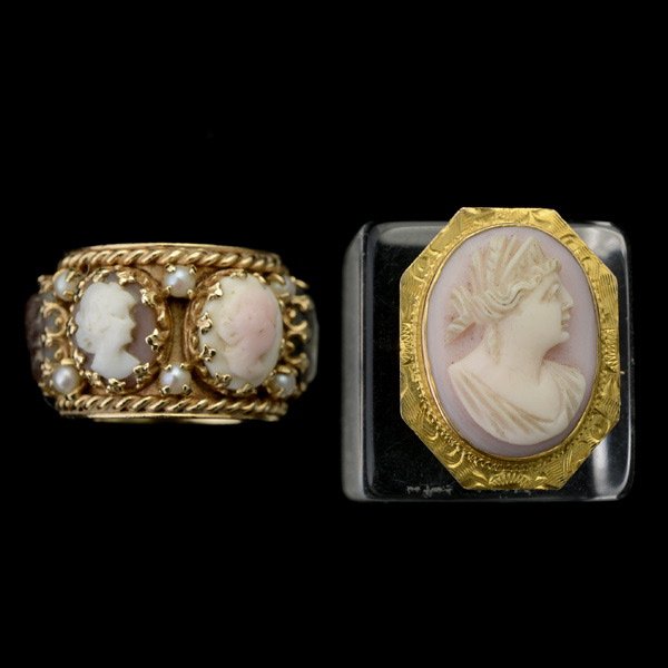 TWO CAMEO, YELLOW GOLD JEWELRY ITEMS.: COLLECTION OF TWO CAMEO, YELLOW GOLD JEWELRY ITEMS. Including one shell cameo, 14k yellow gold ring, size 7 1/2 together with one shell cameo 10k yellow gold pendant brooch. 10.0 dwts