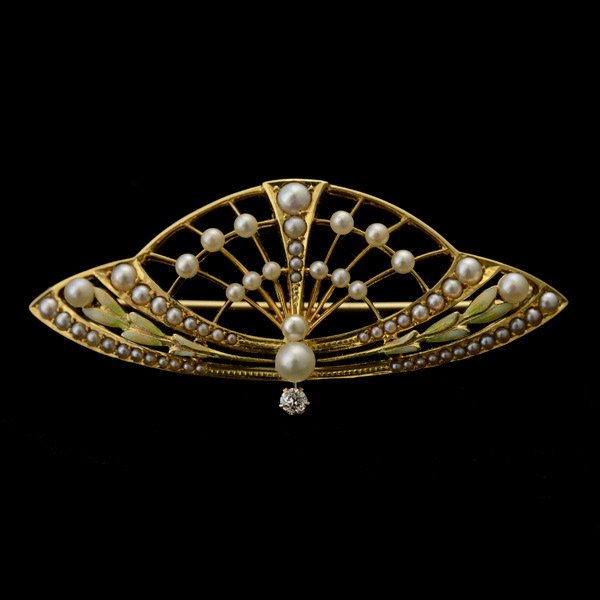 CHATELAINE BROOCH.: DIAMOND, ENAMEL, PEARL, 14K YELLOW GOLD, CHATELAINE BROOCH. Featuring numerous pearls accented by one old European-cut diamond weighing approximately 0.05 ct., further enhanced by enamel, set in a but