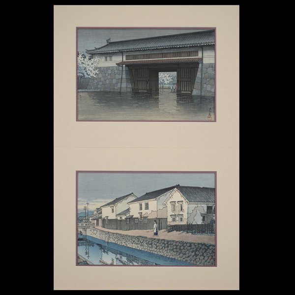 Kawase Hasui: Two Woodcuts: Kawase Hasui: Two Woodcuts, the first titled 'Spring Rain at Sakuradamon' dated 1952, publisher's mark 'Watanabe' to the lower left scene; the second titled 'Kaiun Bridge, Saga,' dated 1950; both sign