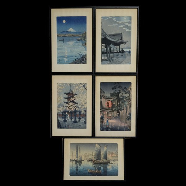 Five Japanese Woodcuts: Five Japanese Woodcuts, each framed and glazed, two by Koitsu Tsuchiya, one by Takeji Asano, one by Shiro Kasamatsu, and one by Koichi Okada {Each: 14 x 9 1/4 inches (35.5 x 23.5 cm) approximately}