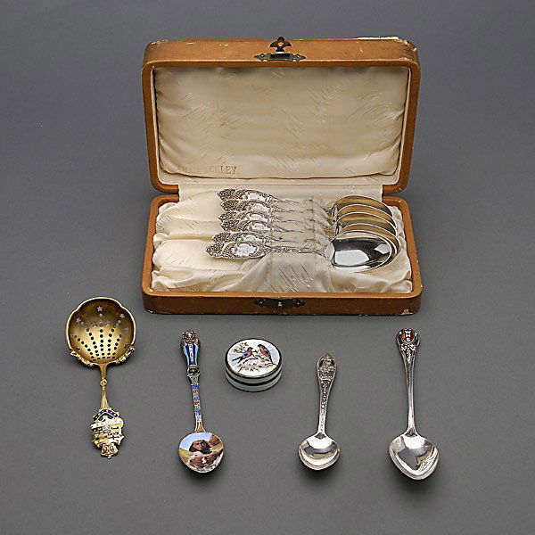 Six Towle Sterling Teaspoons, etc.: Set of Six Towle Sterling Teaspoons in Case; together with a 935 standard engine turned enameled pillbox; three souvenir spoons, including one Egyptian; and a tea strainer (11) {Total silver weight 5.