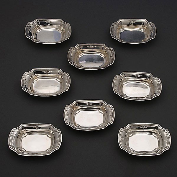 Eight R. Wallace & Sons Sterling Nut Dishes: Set of Eight R. Wallace & Sons Sterling Nut Dishes, #3530 {Total silver weight 6.15 troy oz; length 3 1/8 inches}