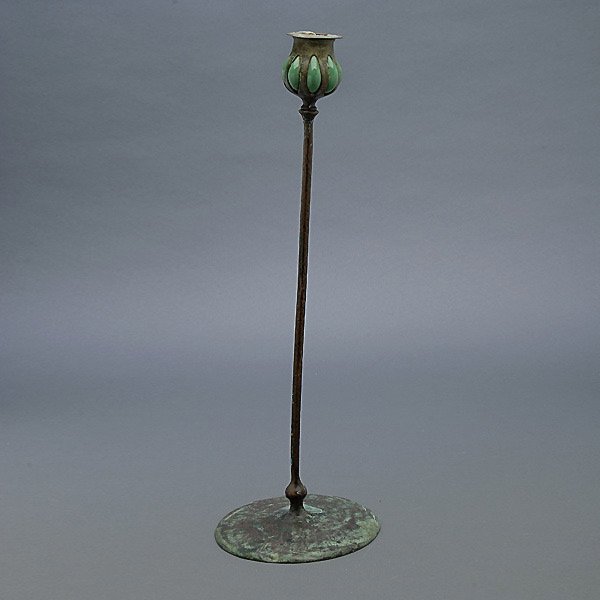 Tiffany Studios Candlestick and Cup: Tiffany Studios New York Bronze and Favrile Candlestick with Flower Candle Cup, #2184 {Height 17 1/4 inches} [Slightly bent and small dents]
