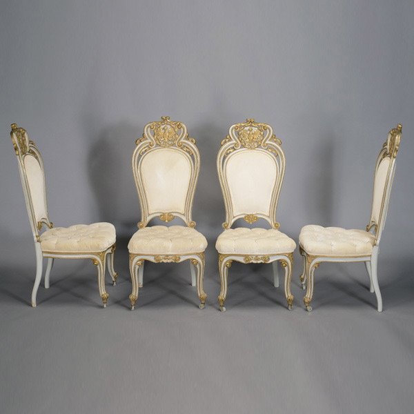 Four Louis XV Style Rein Back Chairs: Four Louis XV Style Rein Back Chairs with Prussian Eagle Crests and Tufted Seats {Dimensions 47 x 20 x 20 inches}