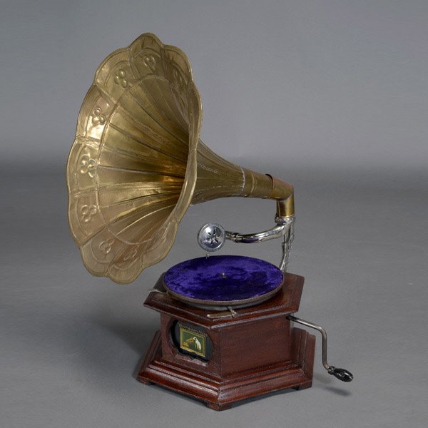 His Master's Voice Victrola with Brass Horn: His Master's Voice Victrola with Brass Horn {Height of horn 17 inches}