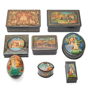 Collection of Russian Lacquer Palekh Boxes and Egg