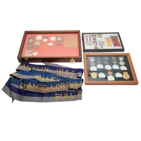 Framed Civil War Era Shadowbox Displays of Pins Ribbons