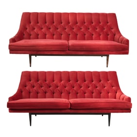 Pair of Mid Century Modern Tufted Red Velvet Sofas