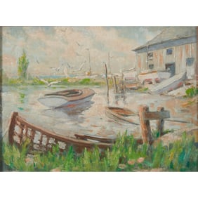 Ralph Dunkleberger, Waterfront Cottage, oil on board