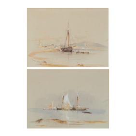 English School, Ships in the Water, two watercolors