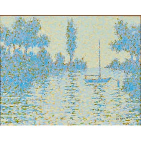 Roger Cornut, Landscape with Sailboat, oil on canvas