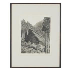 Ryohei Tanaka, Thatched Roof House, etching