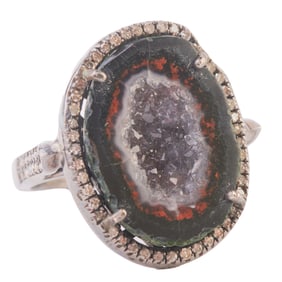 Geode, Diamond, Oxidized Silver Ring.