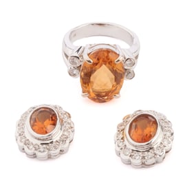 Citrine, Diamond, 18k White Gold Jewelry Suite.