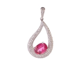 Pink Tourmaline, Diamond, 14k White Gold Pendant.