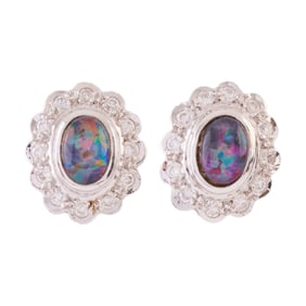 Pair of Opal Doublet, Diamond, 18k White Gold Earrings.