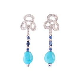 Pair of Turquoise, Sapphire, Diamond, 18k Gold Earrings