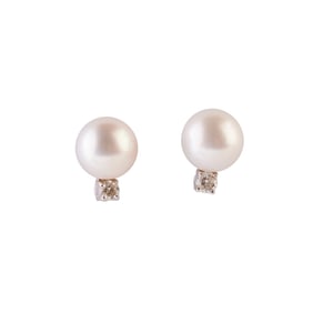 Pair of Cultured Pearl, Diamond, 18k Gold Earrings.
