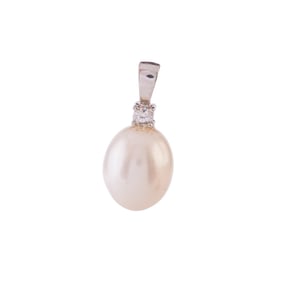 Cultured Pearl, Diamond, 14k White Gold Pendant.