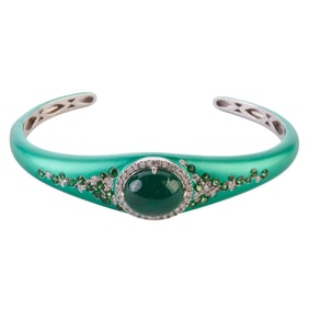 Emerald, Tsavorite, Diamond, Rhodium 14k Gold Bracelet.
