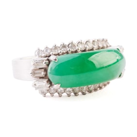 Jadeite Jade, Diamond, Plated White Gold Ring.
