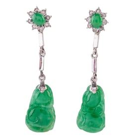 Pair of Jadeite Jade, Diamond Earrings with Jackets.