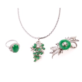 Jade, Diamond, Plated White Gold Jewelry Suite.