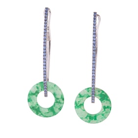Pair of Jade Disc, Sapphire, 14k White Gold Earrings.